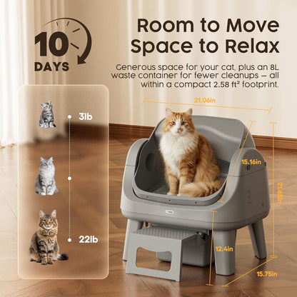 PetPivot Open Top Self Cleaning Cat Litter Box, Automatic Litter Box with 7 Pairs of Safety Sensors, Anti-Pinch Protection and Easy Access Step for Senior Cats, Dark Grey